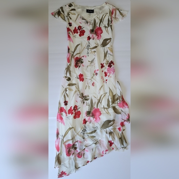 Jolibel Vintage Cream Floral Tiered Ruffle Asymmetrical Flutter Sleeve Y2K Dress - Picture 4 of 9